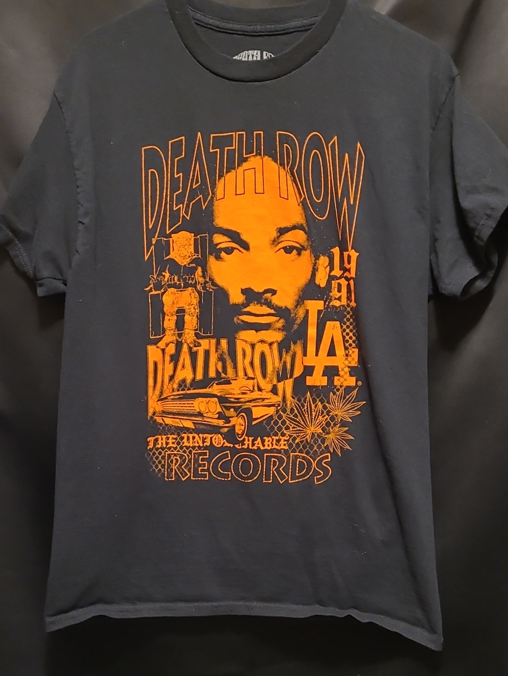Death Row LA Collage Snoop Dog Records Black Graphic Tee with Orange Print